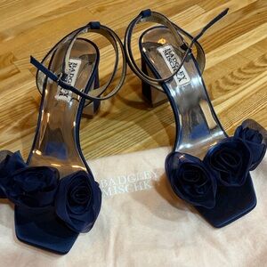 Badgley Mischka Rosette Ankle Strap Heels in Navy